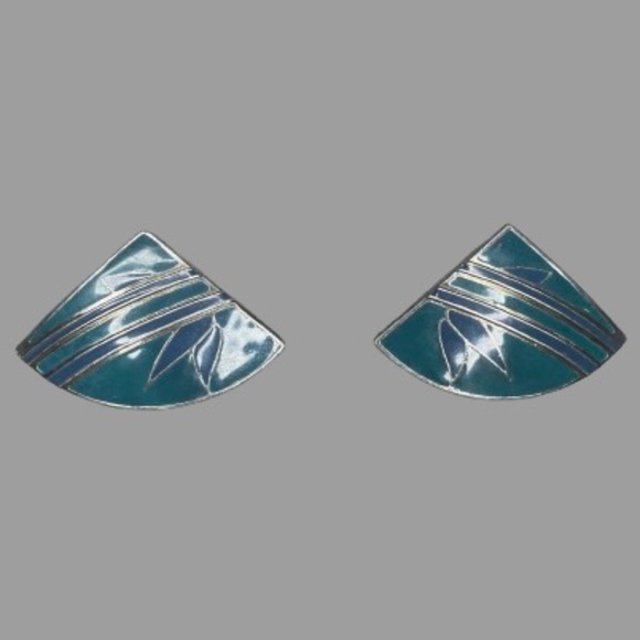 Vintage L Bott Pierced Stud Earrings Signed Dark Blue Teal Enamel Silver Toned - Picture 3 of 5
